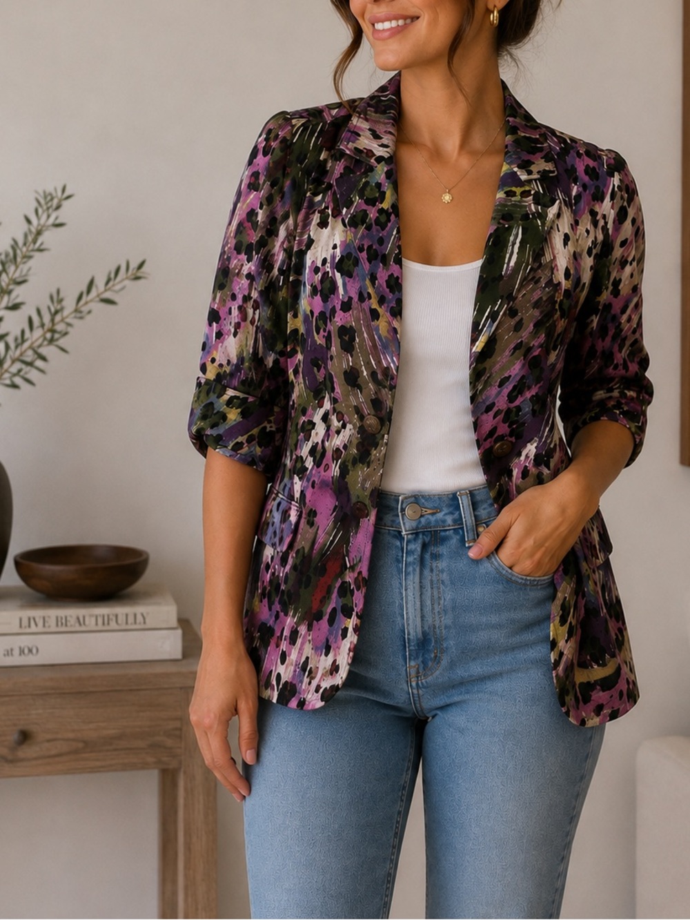 Purple multicolor leopard animal print blazer